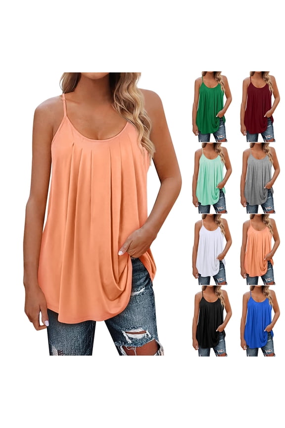 Tank Tops for Women Pleated Sleeveless Scoop Neck Shirts Spaghetti Straps Solid Color Camisoles Summer Casual Comfy Blouses