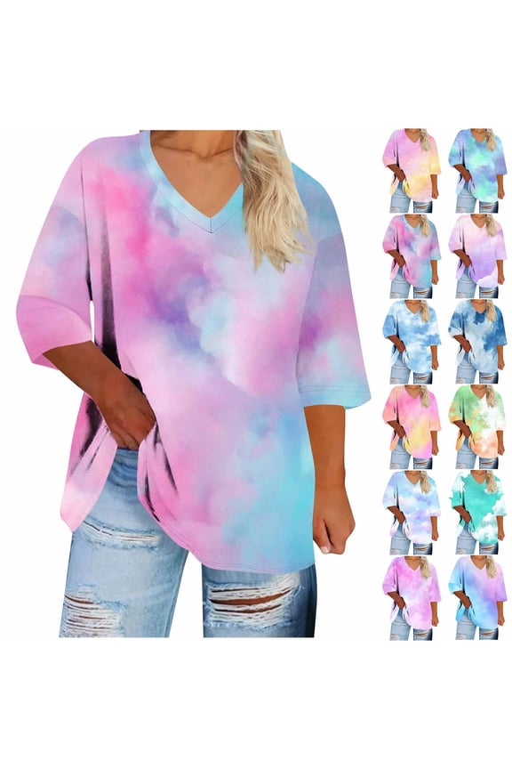 Tie Dye Gradient Plus Size Tops for Women 3/4 Sleeve Shirts V Neck Dressy Casual Loose Tunic Blouse Oversized Summer Basic Tees Hot Pink,XXXL