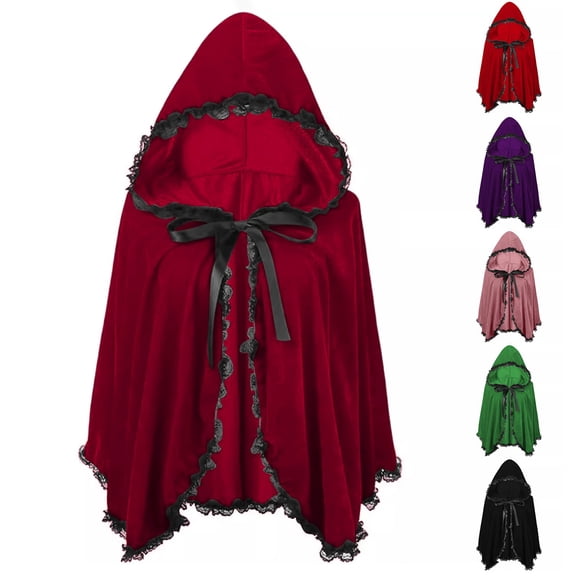 YanHoo Unisex Velvet Hooded Lace Cloak Red Riding Hood Capelet Cosplay Halloween Christmas Party Fancy Cape Fairytale Costume