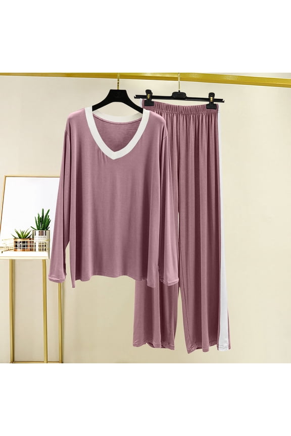 V Neck Pajamas Set Petite Women's Long Sleeve Loose Tops Pants Sleepwear Soft Loungewear Pjs Lounge Set Nightwear