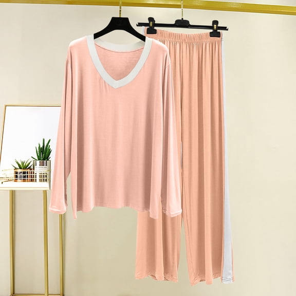 YanHoo V Neck Pajamas Set Petite Women's Long Sleeve Loose Tops Pants Sleepwear Soft Loungewear Pjs Lounge Set Nightwear