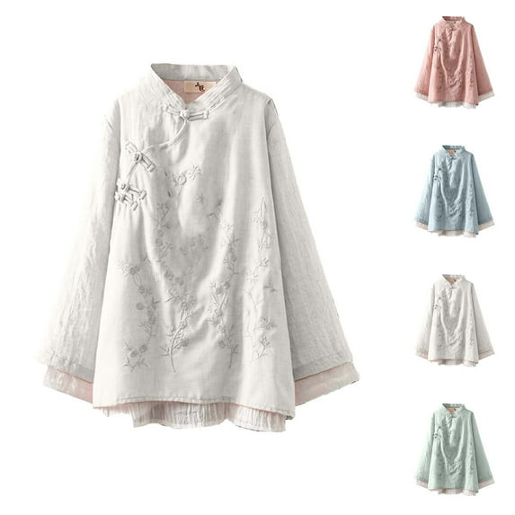 YanHoo Vintage Floral Embroidery Knitting Cotton Tops for Women Chinese Frog Button Long Sleeve Tang Suit Hanfu Loose Casual Blouses Shirts Light Blue,XL