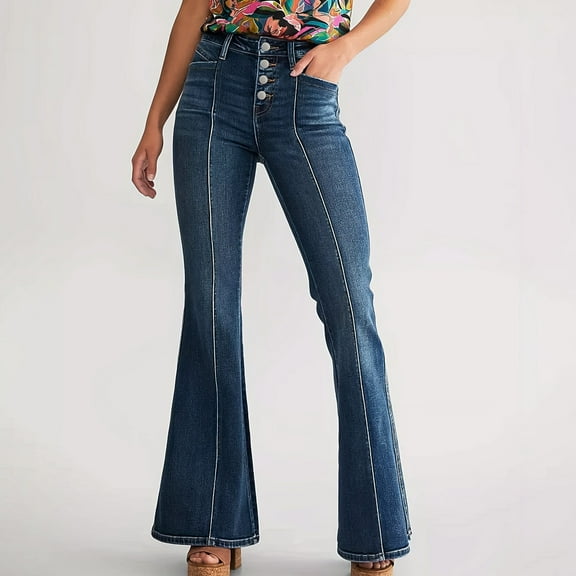 YanHoo Wide Leg Bootcut Jeans for Women Low-Rise Trendy Bell Bottom Flare Jeans Stretchy Loose Baggy Seamed Front Denim Pants Blue,L