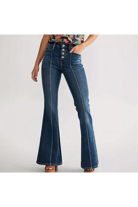 Wide Leg Bootcut Jeans for Women Low-Rise Trendy Bell Bottom Flare Jeans Stretchy Loose Baggy Seamed Front Denim Pants Blue,L