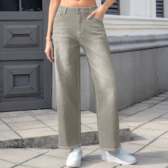 YanHoo Wide Leg Jeans for Women Classic Casual High Waisted Strechy Jeans Vintage Straight Leg Loose Denim Pants with Pocket Gray,XXL