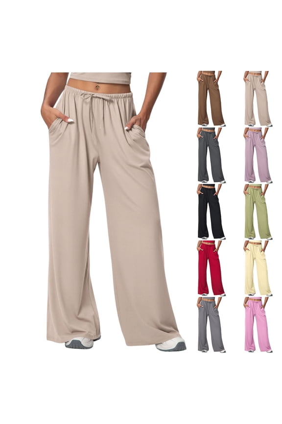Wide Leg Pants for Women Elastic Waisted Drawstring Solid Color Sweatpants Casual Trousers with Pockets