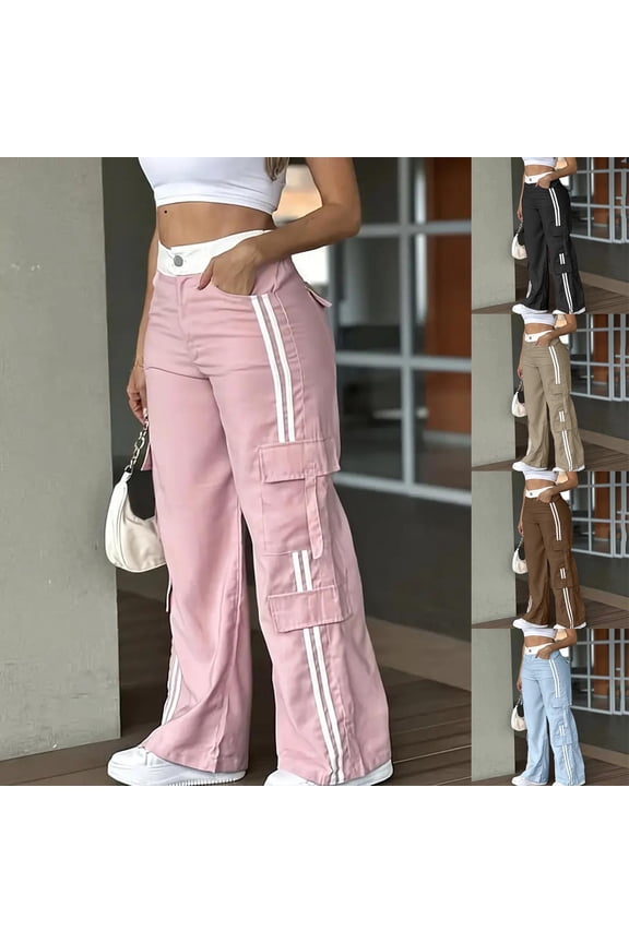 Wide Leg Pants for Women Trendy Elastic Waist Striped Sweatpants Casual Straight Trousers with Pockets