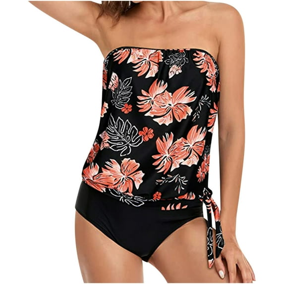 YanHoo Women 2 Piece Bathing Suit Strapless Tankini Tops Bandeau Bathing Suit Top with Shorts Blouson Swimsuit Top Two Piece Loose Fit Bathing Suit