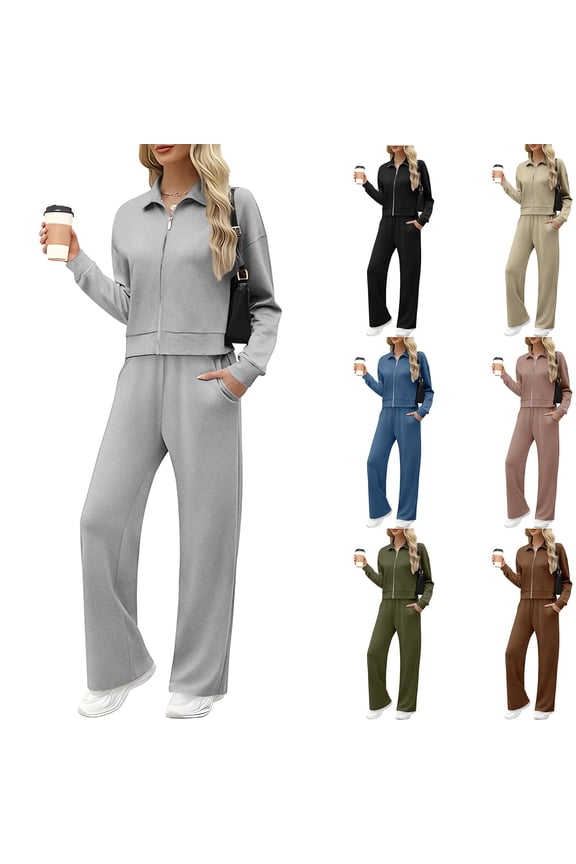 Women 2 Piece Lounge Sets Sweatsuit Long Sleeve Zip Up Sweatshirt Wide Leg Pants Pockets Matching Tracksuit Set Khaki,L