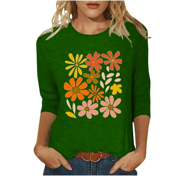 YanHoo Women 3/4 Sleeve Tshirt Graphic 3/4 Sleeve Tops for Women 3/4 Sleeve Crewneck Loose Fit Top Womens 3/4 Sleeve Tee Shirts Sale under 10