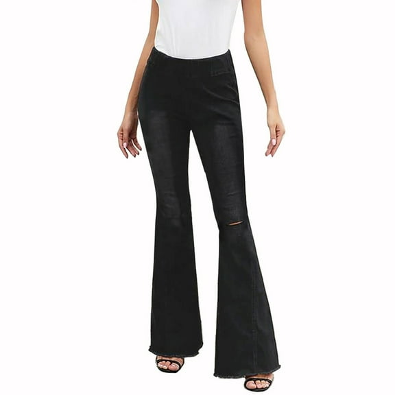 YanHoo Women Bootcut Jeans Ripped Flare Jeans Mid-High Waisted Stretchy Bell Bottom Jeans Raw Hem Trendy 90s Denim Pants Black,XXL
