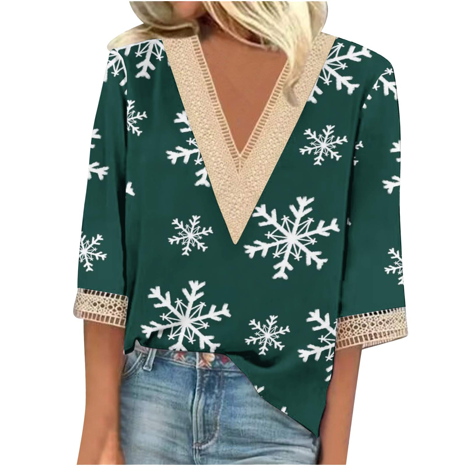 YanHoo Women Christmas 3/4 Sleeve Tops V Neck Christmas T Shirts for