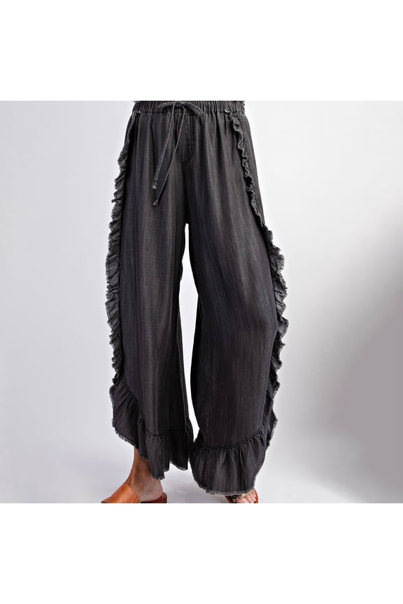 Women Denim Palazzo Pants Jeans Flare Elastic Waist Wide Leg Pants Loose Fit Raw Frayed Hem Jeans Flowy Ruffle Pants Black,M
