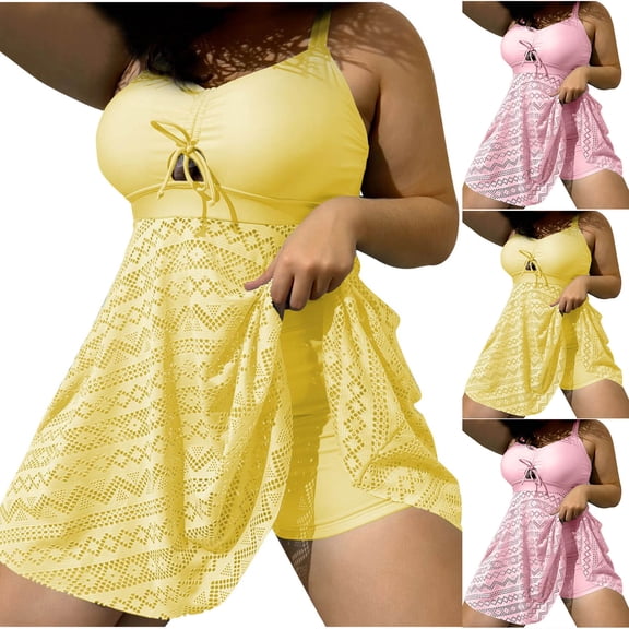 YanHoo Women Lace Tankini Swimsuit Two Piece Flowy Swimdress Keyhole Swim Tank Tops Modest Bathing Suits with Boy Shorts Yellow,XXL