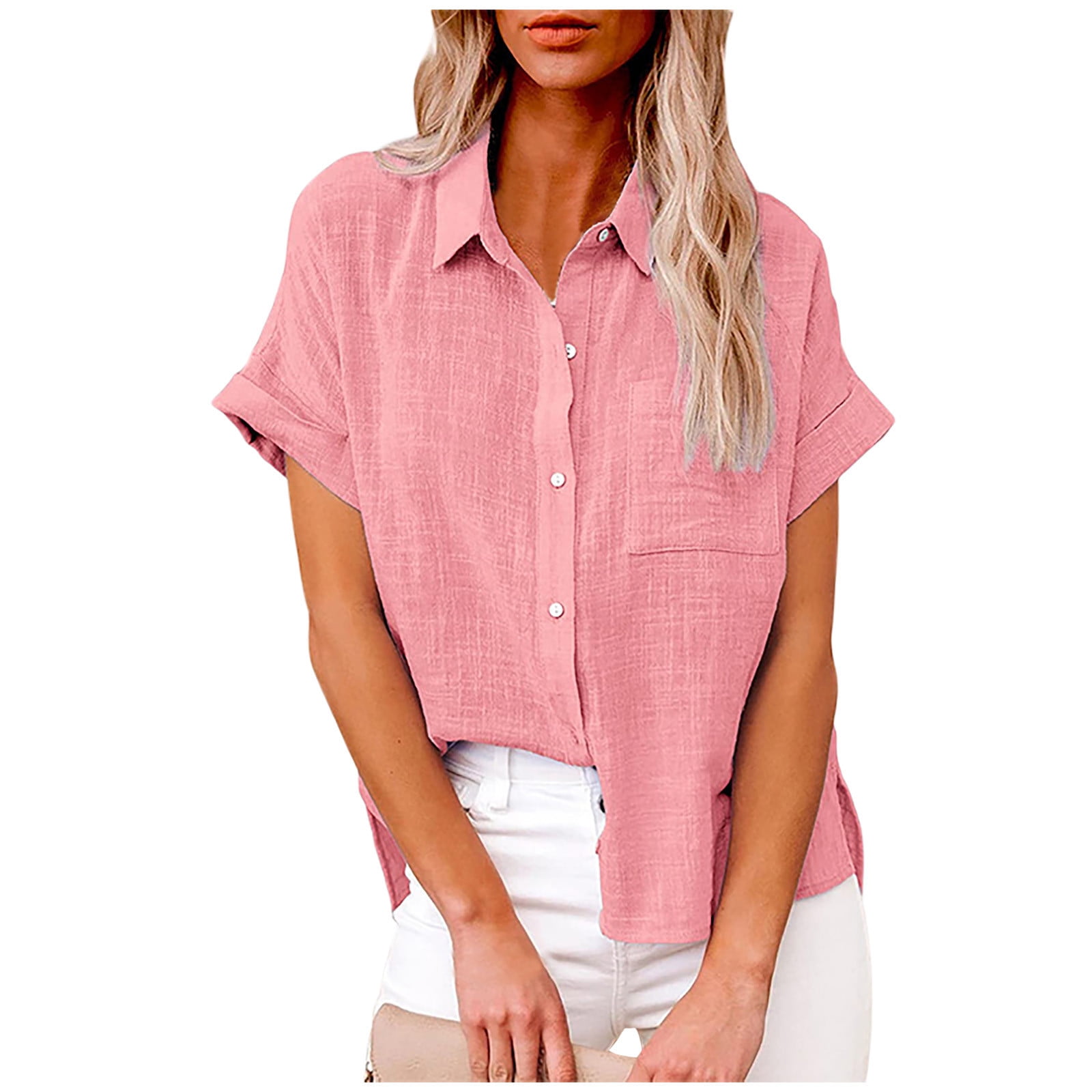 brief linen tops plus size clothing Casual Summer Short Sleeve Pink Boat Neck Blouse main image 0