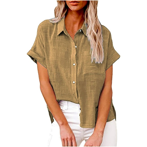 YanHoo Women Linen Shirts and Blouses Loose Fit Button Down Short Sleeve Shirts Casual Solid Color Cotton Linen Business Dress Shirts Tops