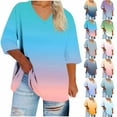 thumbnail image 1 of YanHoo Women Plus Size 3/4 Sleeve Tops Gradient Print Loose Fit Tunic Shirts Oversized V Neck Basic Tees Spring Summer Casual T-Shirts Navy,XXL, 1 of 6