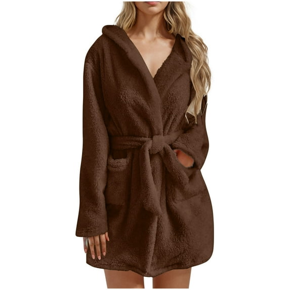 YanHoo Women Robe with Hood Robes for Women Bathrobe Fuzzy Mid Length Bath Robe Belted Solid Color Plush Kimono Robe with Pockets Soft Winter Spa Robes Walmart Prime Sale