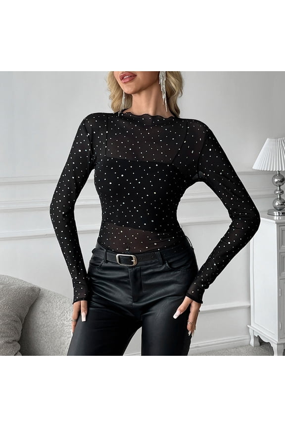 Women Sparkly Mesh Long Sleeve Tops Sheer Lace Undershirts Crew Neck Tee Shirt Comfy Soft Concert Trendy Outfit Black,M