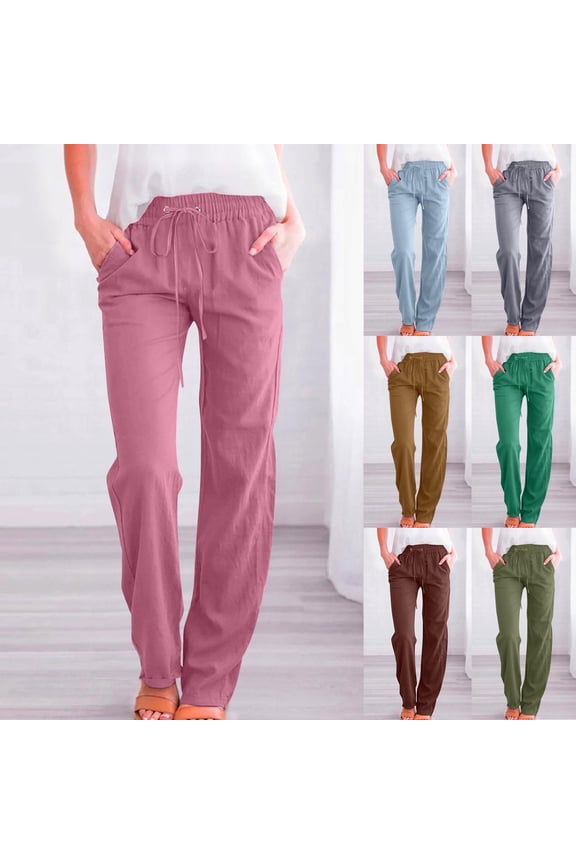 Women Summer Linen Pants Casual Straight Wide Leg Pants Elastic High Waist Drawsting Trousers with Pockets Light Blue,S