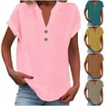 thumbnail image 1 of YanHoo Women Summer Tops 2026 Fashion Cotton Linen Short Sleeve Shirt V Neck Casual Loose Fit Button Tunic Blouses Outfits Pink,XXXXXL, 1 of 7