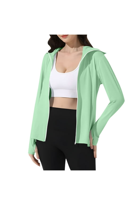 Women UPF 50+ Cooling UV Protection Clothing Hooded Sun Protective Jacket Long Sleeve for Summer Solid Color Shirts Green,XL
