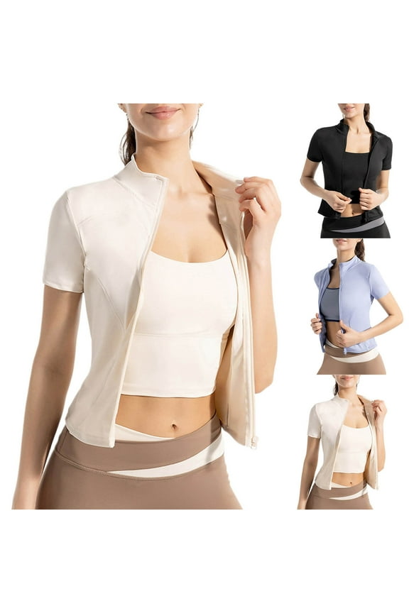 Women UPF 50+ Sun Shirts Trendy Protection SPF Crop Jacket UV Protection Short Sleeve Full Zip Lightweight Jackets White,M