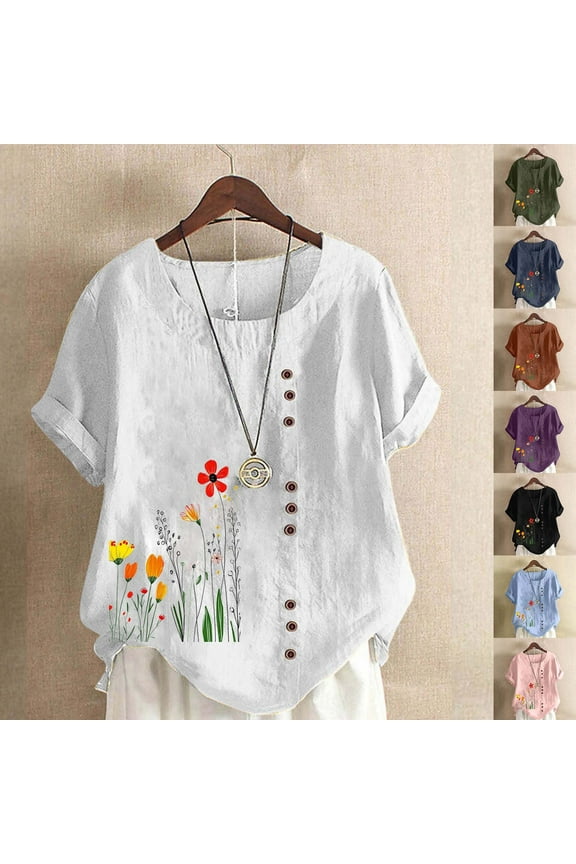 Women Vintage Linen Tops Short Sleeve Boho Summer Floral Graphic Tees Tunic Shirts Casual Loose Button Trim Blouse Army Green,XXL