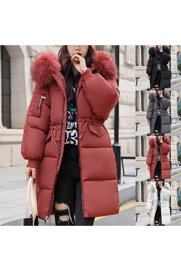 Women Winter Puffer Coat Warm Hooded Mid-Length Padded Jackets Full Zip Up Drawstring Down Jacket Coats Outerwear Black,XL