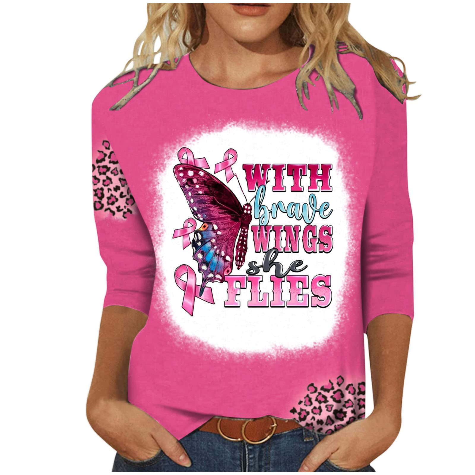 YanHoo Women's 3/4 Sleeve Tops Pink Ribbon Halloween Graphic Crew neck