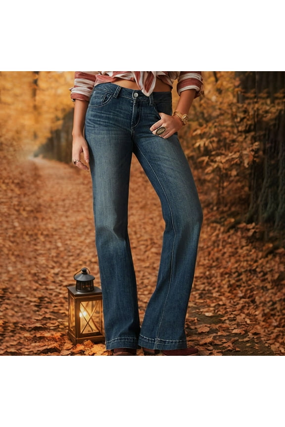 Women's 34"/36"/38" Inseam Curvy Bootcut Jeans Low-Rise Stretchy Denim Pants Classic Bell Bottom Trouser Blue,L