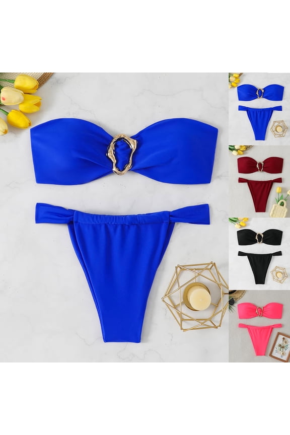 Women's Bandeau Swimsuits Strapless Tie Back Bikini Sets High Cut Cheeky 2 Piece Bathing Suit Swimwear