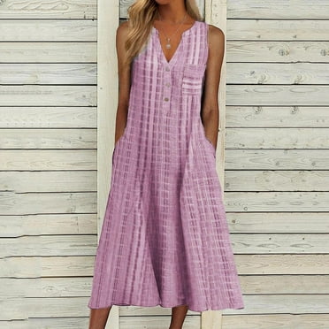 YanHoo Women's Beach Sundress Sleeveless Buttons V Neck Tank Dress Loose Casual Midi Dress with Pockets