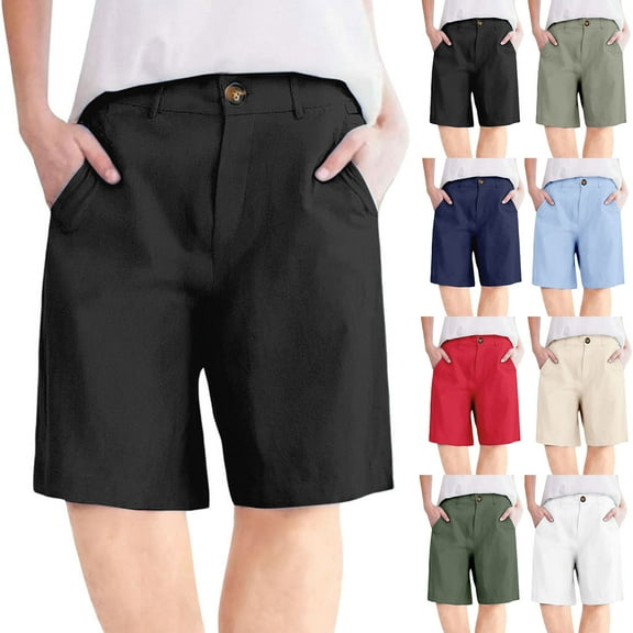 YanHoo Women's Bermuda Shorts Casual Loose Comfy Button Fly Knee Length Shorts Solid Color Cotton Gauze Short with Pockets Navy,S