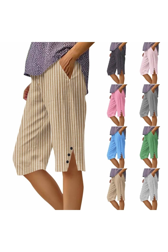 Women's Bermuda Shorts Elastic Waist Striped Knee Length Shorts 2026 Summer Button Trim Split Hem Gauze Casual Short Pink,S