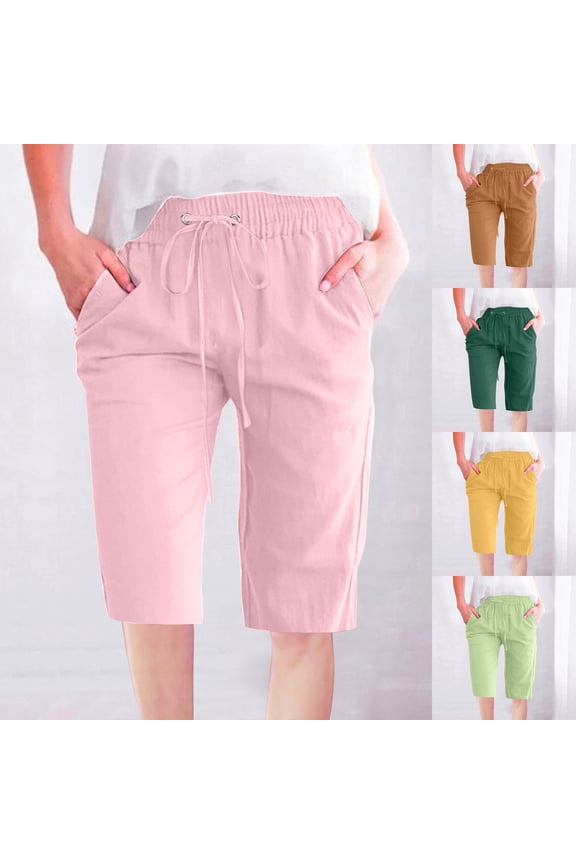 Women's Bermuda Shorts with Pockets Drawstring Waist Straight Knee Length Shorts Summer Solid Cotton Gauze Half Pants Pink,S