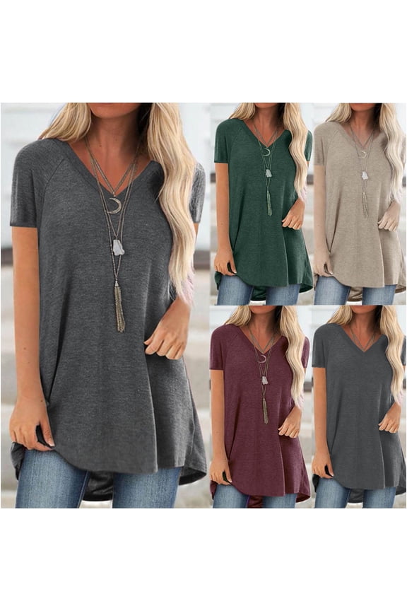 Women's Big and Tall Shirts Short Sleeve V Neck T-Shirts Loose Fit Solid Color Blouses Summer Oversized Casual Outdoor Tee