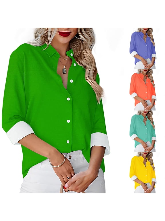 Women's Button Up Shirts Roll-Up Sleeve Blouses V Neck Casual Tunic Top Solid Color Tops with Pockets