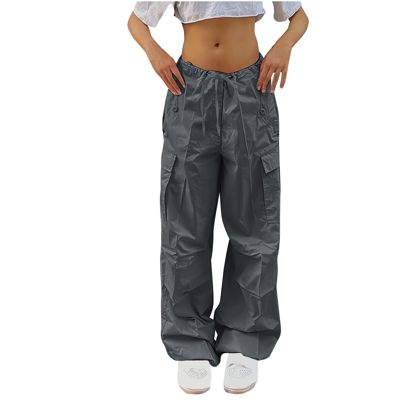 YanHoo Women's Cargo Pants Low Rise Flap Pocket Parachute Pants Baggy ...