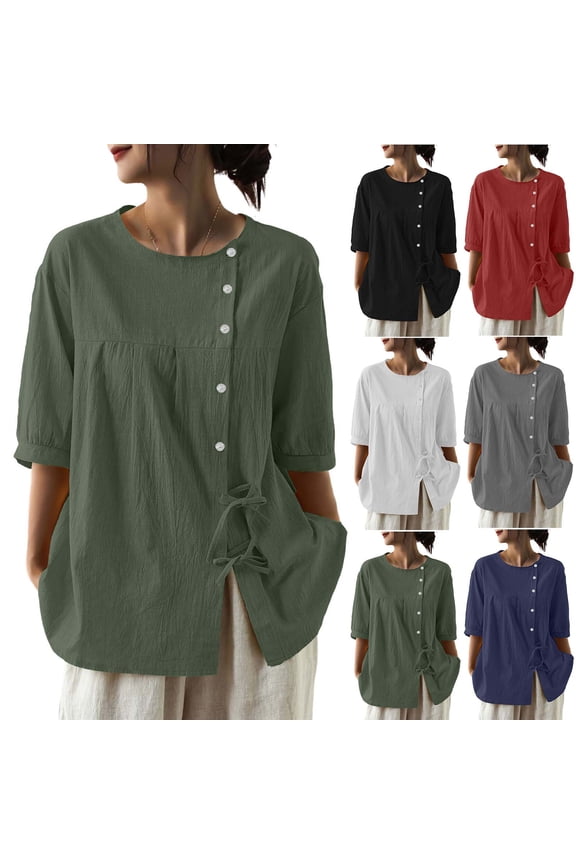 Women's Casual Cotton Linen Blouse Asymmetric Button Side Knot Drawstring Shirt Solid Color 3/4 Sleeve Loose Fit Tunic Tops Blue,S