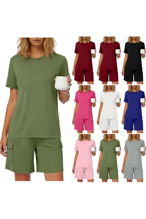 Women's Casual Sets 2 Piece Outfits Short Sleeve Crewneck T Shirts and Bermuda Shorts Set Vacation Clothes