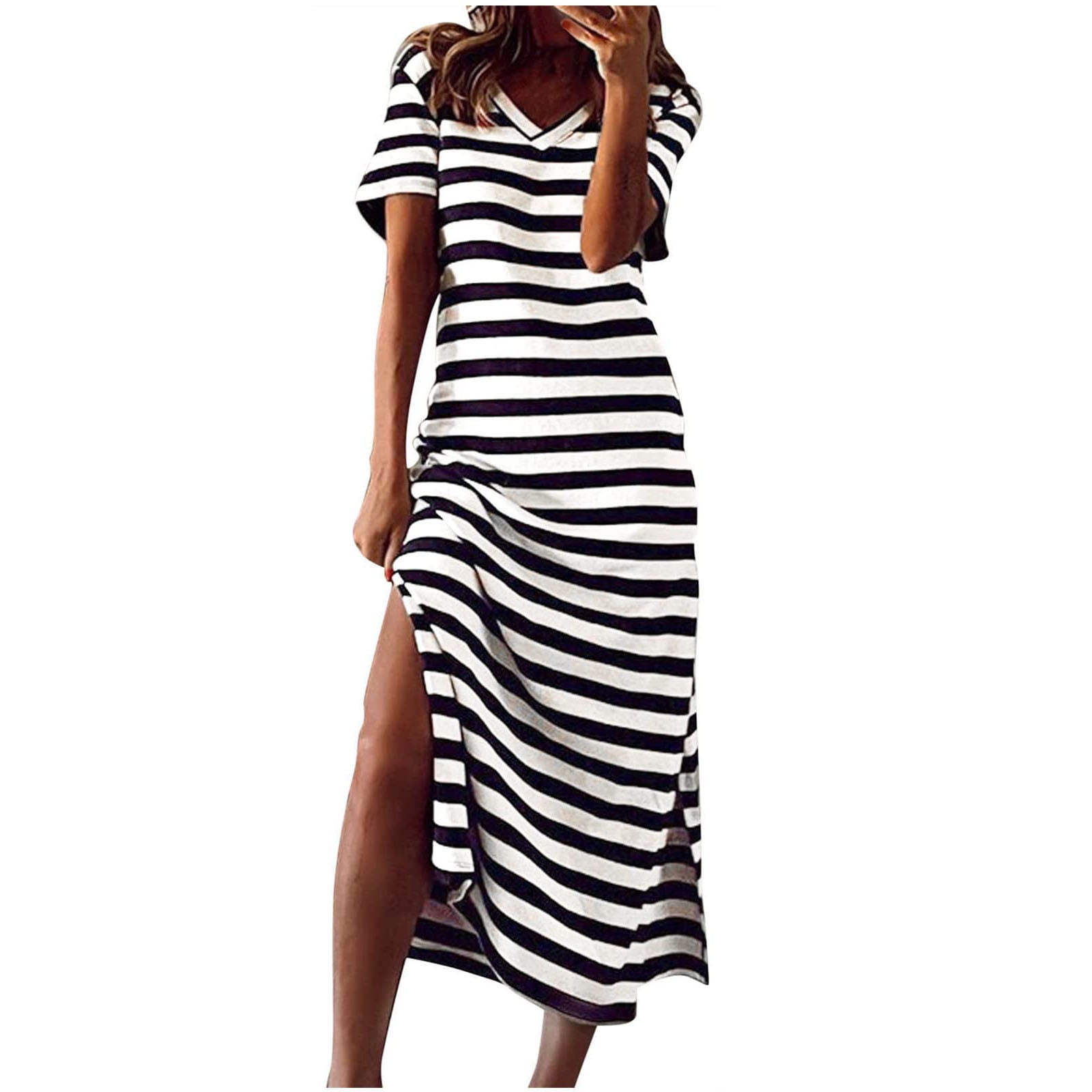 YanHoo Women's Casual T-Shirt Dresses Stripe Print Short Sleeve V Neck ...