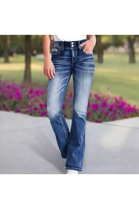 Women's Classic Bootcut Jeans Mid-Rise Straight Leg Jeans Stretchy Trendy Slim Fit Denim Pants with Pockets Blue,M