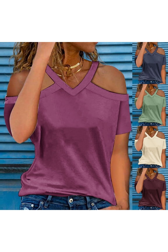 Women's Cold Shoulder Tops Short Sleeve V Neck T-Shirts Loose Fit Solid Color Blouses Summer Casual Going Out Party Tee