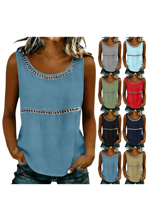 Women's Cotton Linen Tank Tops Round Neck Sleeveless Shirts Comfy Solid Color Blouses Summer Casual Going Out Tee