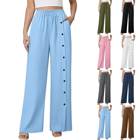 YanHoo Women's Cotton Linen Wide Leg Pants Elastic Waist Buttons Straight Trousers Casual Solid Color Sweatpants with Pockets