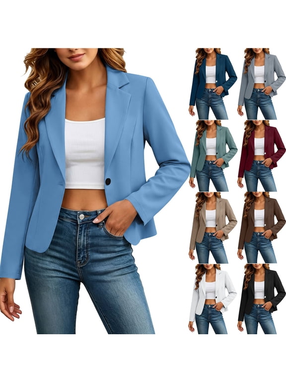 Women's Cropped Blazers Long Sleeve Work Office Jacket Lightweight Short Blazer with Button