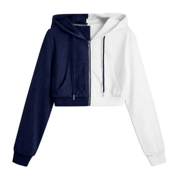 YanHoo Women's Cropped Hoodies Color Block Full Zip Up Cute Sweatshirt Crop Tops for Teen Teens with Pocket