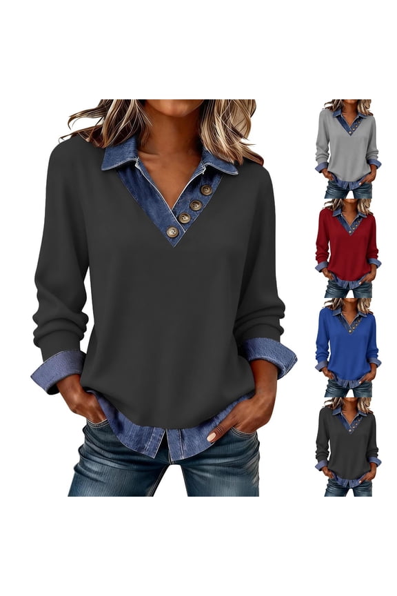 Women's Denim Patchwork Shirts Vintage Western V Neck Button Up Lapel Blouse Long Sleeve Loose Dressy Casual Pullover Top Black,L