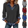 thumbnail image 1 of YanHoo Women's Denim Patchwork Shirts Vintage Western V Neck Button Up Lapel Blouse Long Sleeve Loose Dressy Casual Pullover Top Wine,S, 1 of 7